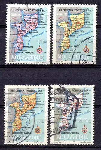 Mocambique, Mi-Nr. 441, 442, 444 + 445 gest., Landkarte Mocambiques