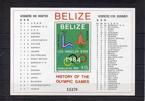 Belize, Block Mi-Nr. 37 a **, Geschichte der Olympischen Spiele
