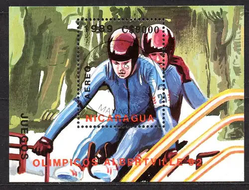 Nicaragua, Block Mi-Nr. 185 gest., Olympische Winterspiele 1992 Albertville - Rennrodeln