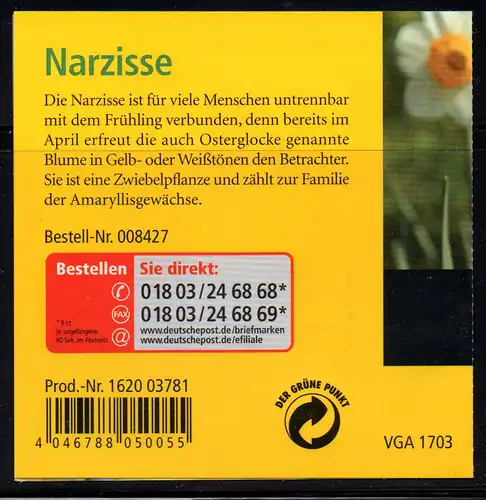 BRD, Markenheftchen MH Mi-Nr. 61 Ersttagsstempel, Blumen: Narzissen