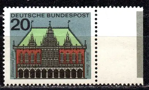 BRD, Mi-Nr. 425 **, Rand rechts mit Farbrandstreifen, Hauptstädte der Länder: Bremen