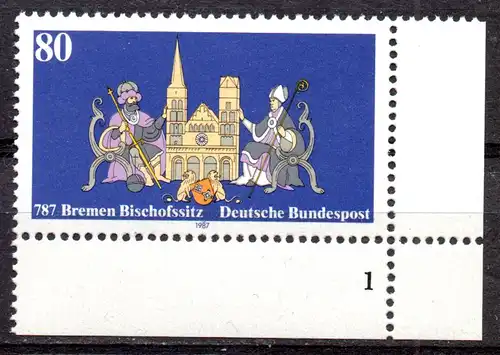 BRD, Mi-Nr. 1329 **, Eckrand UR mit Formnummer, 1200. Jahrestag der Erhebung Bremens zum Bischofssitz