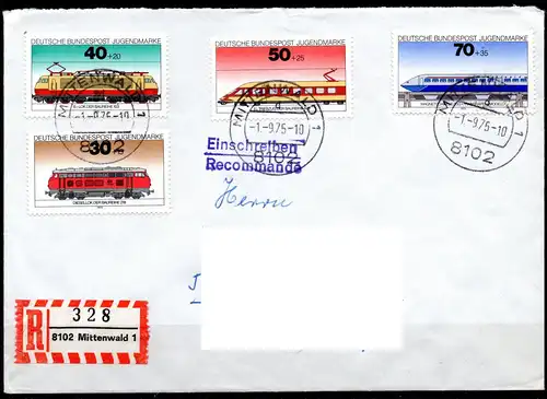 BRD, Mi-Nr. 836 - 839 gest., kompl. auf Einschreibe-Brief, Jugend 1975 - Lokomotiven