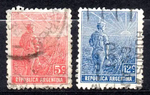 Argentinien, Mi-Nr. 171 XA + 173 XA gest., Landarbeiter vor aufgehender Sonne