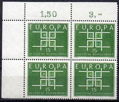 BRD, Mi-Nr. 406 **, 4´er-Block, Eckrand OL, Europa CEPT 1963