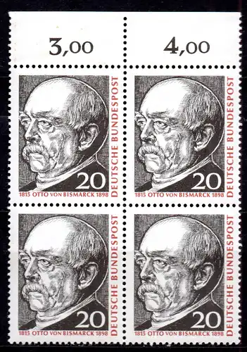 BRD, Mi-Nr. 463 **, 4´er-Block, Rand oben, Otto Fürst von Bismarck