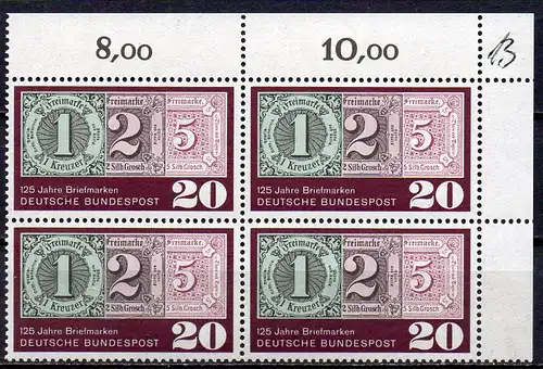 BRD, Mi-Nr. 482 **, 4´er-Block, Eckrand OR, 125 Jahre Briefmarken