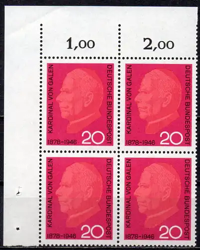 BRD, Mi-Nr. 505 **, 4´er-Block, Eckrand OL, Kardinal Graf von Galen