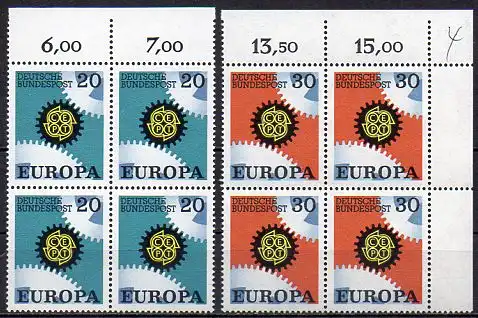 BRD, Mi-Nr. 533 - 534 **, kompl., 4´er-Block, Rand oben/Eckrand OR , Europa CEPT 1967