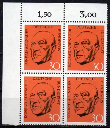 BRD, Mi-Nr. 567 **, 4´er-Block, Eckrand OL, Konrad Adenauer