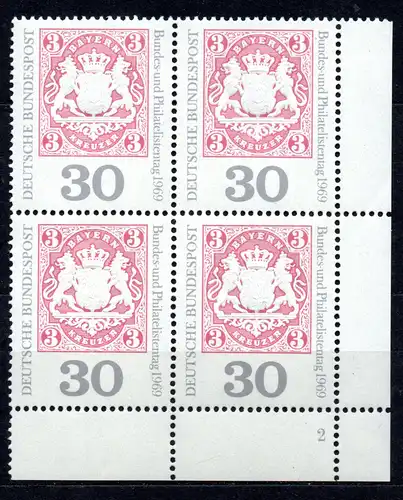 BRD, Mi-Nr. 601 **, 4´er-Block, Eckrand UR mit Formnr. 2, Philatelistentag Garmisch-Partenkirchen