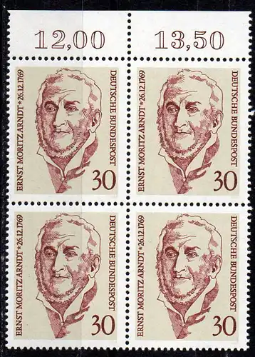 BRD, Mi-Nr. 611 **, 4´er-Block, Rand oben, Ernst Moritz Arndt