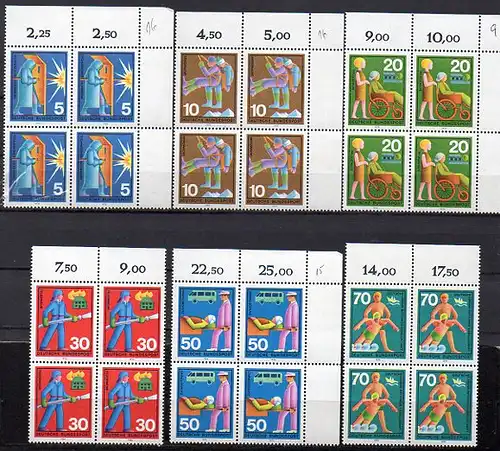 BRD, Mi-Nr. 629 - 634 **, kompl., 4´er-Block, Eckrand OR/Rand oben , Freiwillige Hilfsdienste