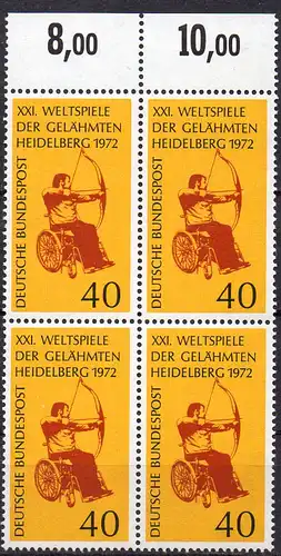 BRD, Mi-Nr. 733 **, 4´er-Block, Rand oben, Weltspiele der Gelähmten in Heidelberg