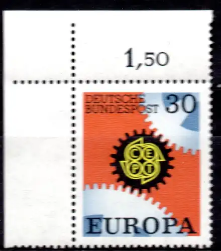 BRD, Mi-Nr. 520 **, Eckrand OL, Europa CEPT 1967