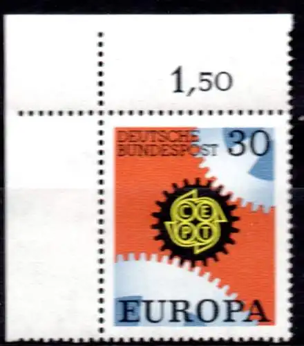 BRD, Mi-Nr. 534 **, Eckrand OL, Europa CEPT 1967