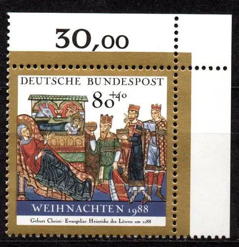 BRD, Mi-Nr. 1396 **, Eckrand OR, Weihnachten 1988