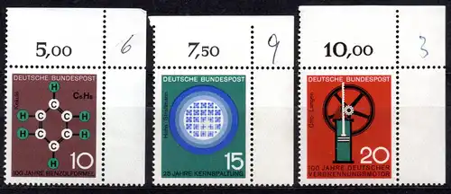 BRD, Mi-Nr. 440 - 442 **, kompl., Eckrand OR, Fortschritt in Technik und Wissenschaft