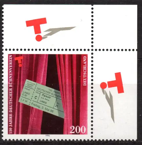 BRD, Mi-Nr. 1857 **, Eckrand OR, 150 Jahre Deutscher Bühnenverein