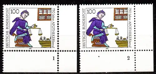 BRD, Mi-Nr. 1480 **, Eckrand UR mit Formnummern 1 + 2, 750 Jahre Apothekerberuf