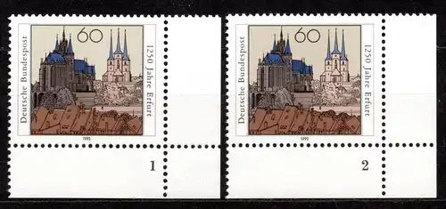 BRD, Mi-Nr. 1611 **, Eckrand UR mit Formnummern 1 + 2, 1250 Jahre Erfurt