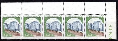 Italien, Mi-Nr. 1717 **, 5´er-Streifen vom Oberrand mit Ecke rechts, DS Burgen und Schlösser
