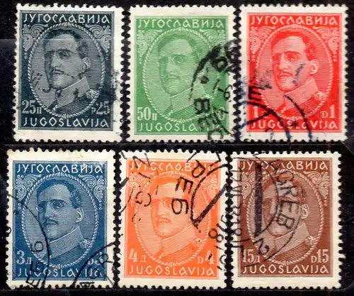 Jugoslawien, Mi-Nr. 228 II, 229 II, 230 II, 231 II, 232 II + 235 II gest., König Alexander
