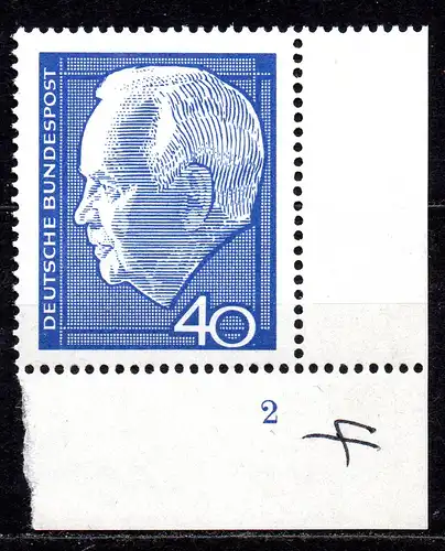 BRD, Mi-Nr. 430 **, Eckrand UR mit Formnr. 2, Wiederwahl des Bundespräsidenten Heinrich Lübke