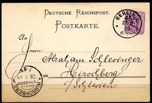 Postkarte mit Mi-Nr. 40 von Berlin (ab 27.02.1889) nach Hirschberg in Schlesien (an 28.02.1889)