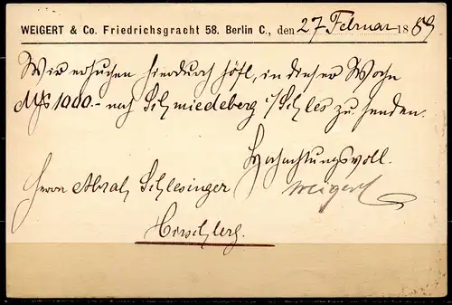 Postkarte mit Mi-Nr. 40 von Berlin (ab 27.02.1889) nach Hirschberg in Schlesien (an 28.02.1889)