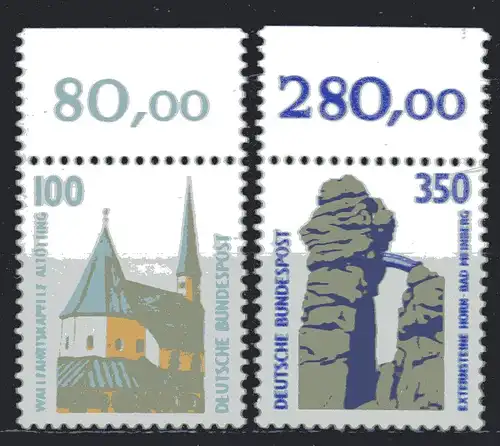 BRD, Mi-Nr. 1406 A + 1407 A **, Rand oben, Sehenswürdigkeiten: Wallfahrtskapelle Altötting +Externsteine