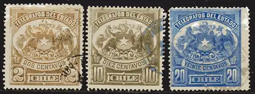 Chile, Telegrafenmarken Mi-Nr. 1, 2 + 3 gest., Wappen