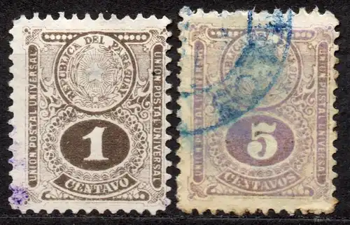 Paraguay, Mi-Nr. 182 + 183 gest., Staatswappen und Ziffern