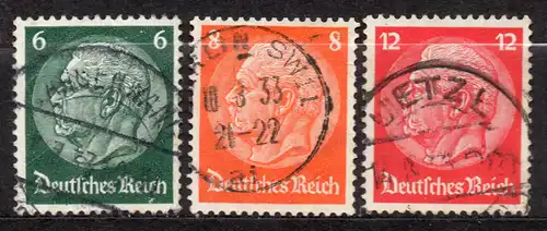 Deutsches Reich, Mi-Nr. 484, 485 + 487 gest., Paul von Hindenburg im Medaillon, WZ Waffeln