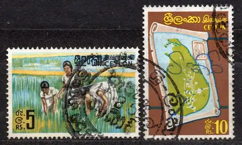 Sri Lanka / Ceylon, Mi-Nr. 393 + 394 gest., Reisanbau + Karte des Landes