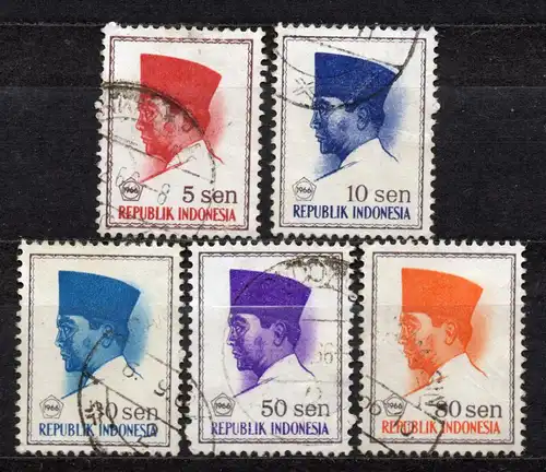 Indonesien, Mi-Nr. 518, 520, 524, 526 + 527 gest., Präsident Sukarno