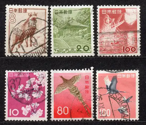 Japan, Mi-Nr. 588, 589, 592, 758, 762 + 764 gest., DS Pflanzen, Tiere, nationales Kulturerbe