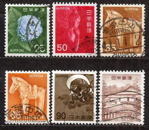 Japan, Mi-Nr. 933, 937, 939, 940, 942 + 943 gest., DS Pflanzen, Tiere, nationales Kulturerbe