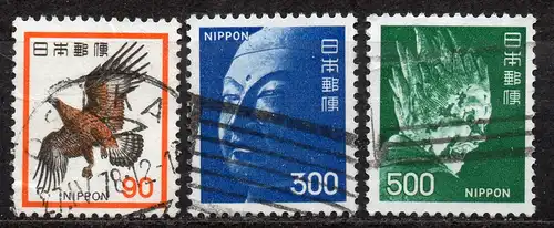 Japan, Mi-Nr. 1192, 1222 + 1232 gest., DS Pflanzen, Tiere, nationales Kulturerbe