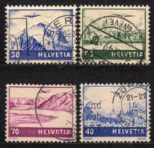 Schweiz, Mi-Nr. 387, 389, 391 + 507 gest., Flugzeug über Landschaften