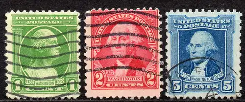 USA, Mi-Nr. 335, 337 + 340 gest., 200. Geburtstag von George Washington