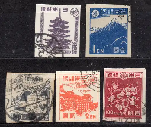 Japan, Mi-Nr. 352 B, 353, 355, 356 + 359 B gest., Japanische Kultur