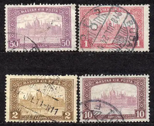 Ungarn, Mi-Nr. 200, 203, 204 + 207 gest., Parlamentsgebäude in Budapest