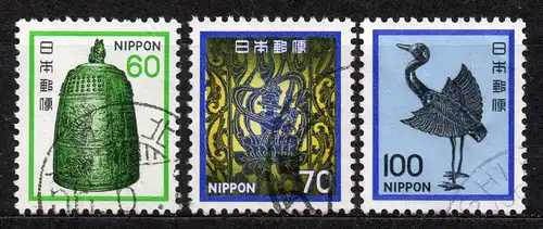 Japan, Mi-Nr. 1449, 1450 + 1475 gest., DS Pflanzen, Tiere, nationales Kulturerbe