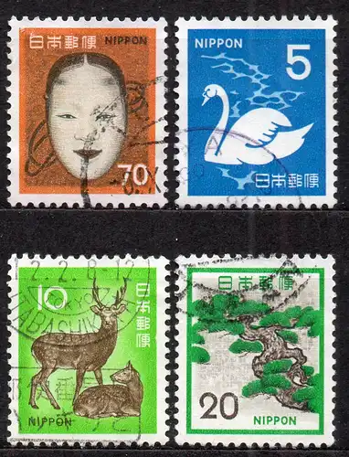 Japan, Mi-Nr. 1119, 1128, 1135 + 1136 gest., DS Pflanzen, Tiere, nationales Kulturerbe