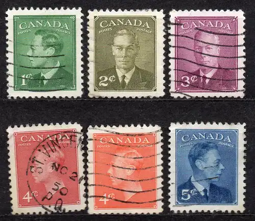 Kanada, Mi-Nr. 250 A, 252 A, 253 A, 254 A  255 A + A 255 gest., König Georg VI.