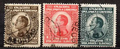 Jugoslawien, Mi-Nr. 177, 178 + 179 gest., König Alexander