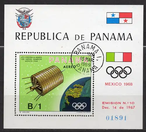 Panama, Block Mi-Nr. 105 gest., Fernsehübertragung der Olympische Sommerspiele 1968 Mexiko