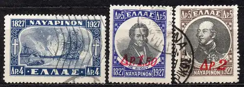 Griechenland, Mi-Nr. 322, 347 + 351 gest., Seeschlacht von Navarino