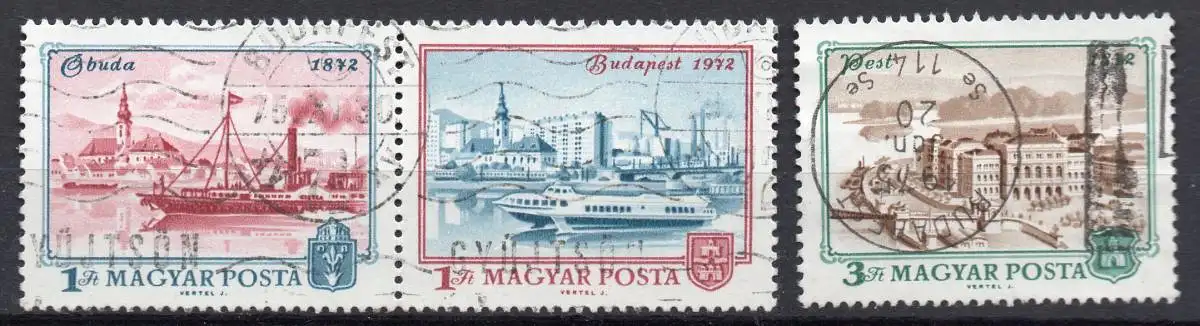 Ungarn, Mi-Nr. 2805 + 2806 (ZD) + 2809 gest., 100. Jahrestag des Zusammenschlusses von Pest, Buda + Obuda